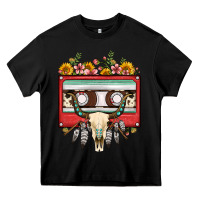 Black bull skull sunflower floral cassette Heavy Core Tee - FaDigitalArtStudio
