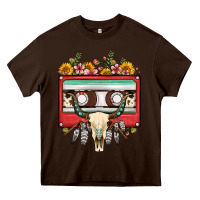 Chocolate Brown bull skull sunflower floral cassette Heavy Core Tee - FaDigitalArtStudio
