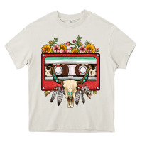 Cream bull skull sunflower floral cassette Heavy Core Tee - FaDigitalArtStudio