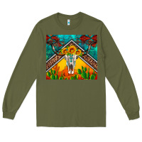Army Green western sunflowers longhorn bull skull Long Sleeve Tee - Artiststas