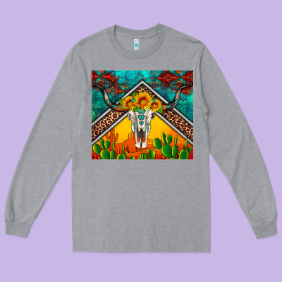 Western Sunflowers Longhorn Bull Skull Long Sleeve Tee Designed By Artiststas