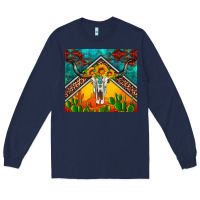 Navy western sunflowers longhorn bull skull Long Sleeve Tee - Artiststas