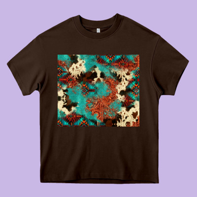 Serape Turquoise Glitter Cowhide  Tooled Leather  Tumbler Heavy Core Tee Designed By Fadigitalartstudio
