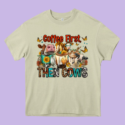 Coffee First Then Cows Heavy Core Tee Designed By Fadigitalartstudio