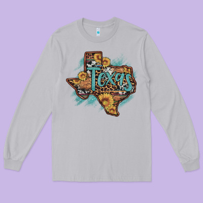 Leopard Cowhide Sunflower Texas Map Long Sleeve Tee Designed By Artiststas
