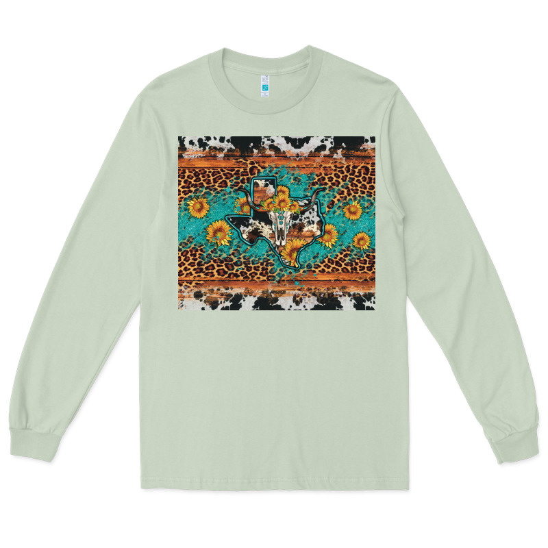 Bull Skull Texas Map Sunflower Leopard Cowhide Long Sleeve Tee by Artiststas | Teevron