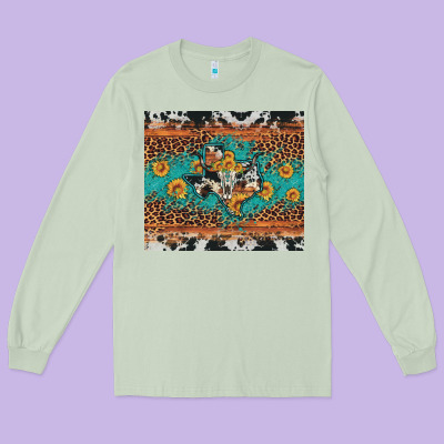 Bull Skull Texas Map Sunflower Leopard Cowhide Long Sleeve Tee Designed By Artiststas