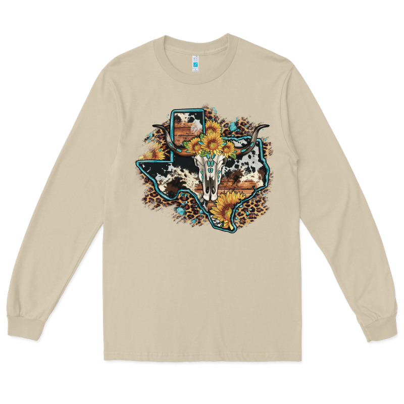 Bull Skull Leopard Cowhide Sunflower Texas Map Long Sleeve Tee by Artiststas | Teevron