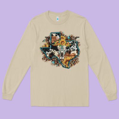 Bull Skull Leopard Cowhide Sunflower Texas Map Long Sleeve Tee Designed By Artiststas