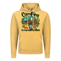 Vintage Mustard camping is my happy place caravan and gnome Vintage Hoodie - BarkalooDesign