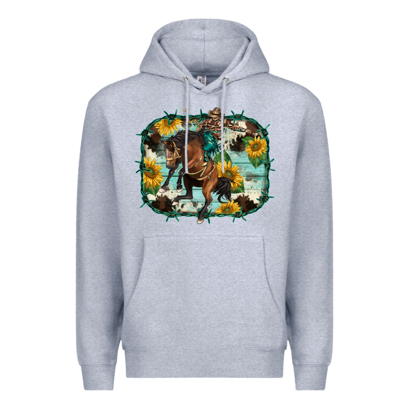 Western Rodeo Horse Cowhide Sunflowers Premium Hoodie by BarkalooDesign | Teevron