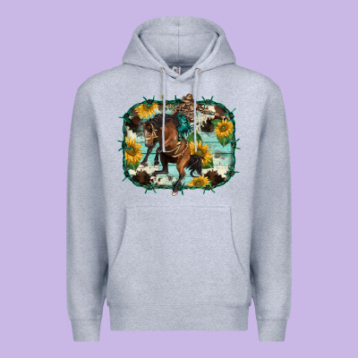 Western Rodeo Horse Cowhide Sunflowers Premium Hoodie Designed By Barkaloodesign