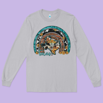 Texas Map Sunflower Leopard Cowhide Aztec Turquoise Gemstone Rainbow Long Sleeve Tee Designed By Artiststas
