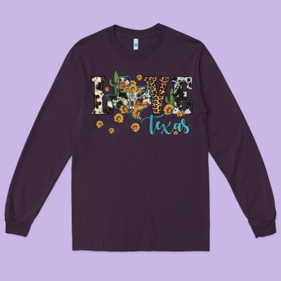 Love Texas Map Sunflower Cactus Cowhide Leopard Long Sleeve Tee Designed By Artiststas