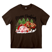 Chocolate Brown merry christmas pig Heavy Core Tee - FaDigitalArtStudio