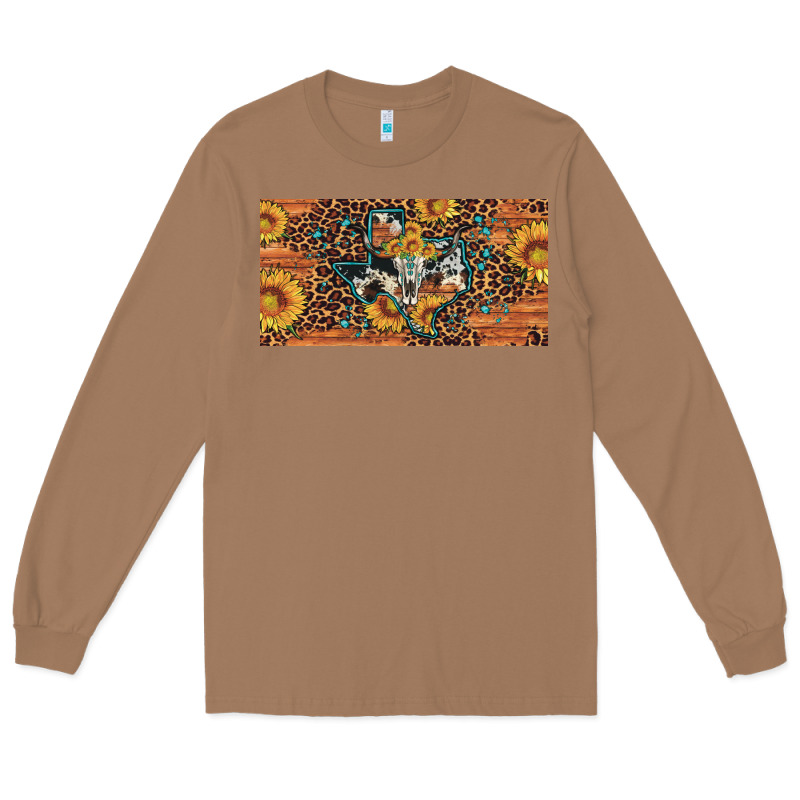 Texas Map Bull Skull Sunflower Leopard Licence Plate Long Sleeve Tee by Artiststas | Teevron