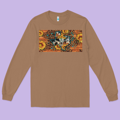 Texas Map Bull Skull Sunflower Leopard Licence Plate Long Sleeve Tee Designed By Artiststas