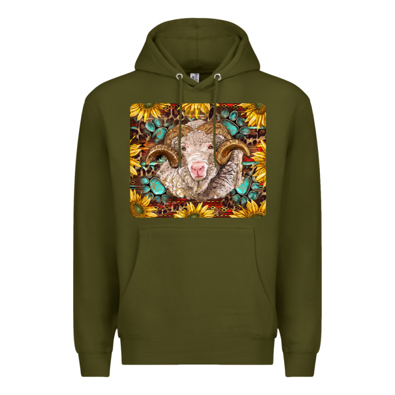 Merino Ram With Sunflowers And Gemstone Mousepad Premium Hoodie by BarkalooDesign | Teevron