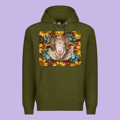 Merino Ram With Sunflowers And Gemstone Mousepad Premium Hoodie Designed By Barkaloodesign