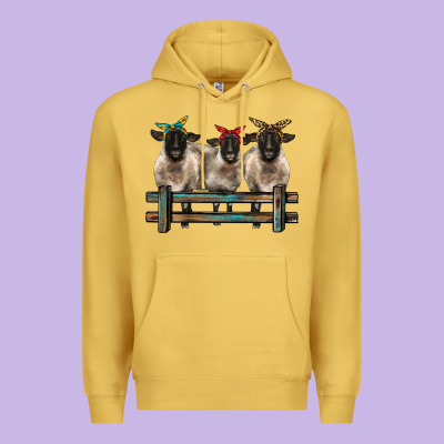 3 Sheeps Suffolk Ewe With Bandanas And Fence Premium Hoodie Designed By Barkaloodesign