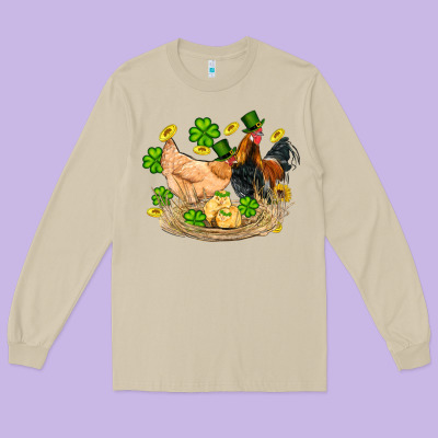 St Patricks Day Farm Chicken Rooster Chick  Shamrock Gold Long Sleeve Tee Designed By Artiststas