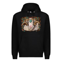 Black merino ram with leopard background Premium Hoodie - BarkalooDesign