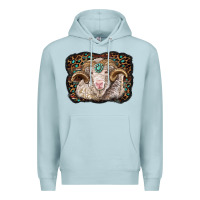 Blue Mist merino ram with leopard background Premium Hoodie - BarkalooDesign