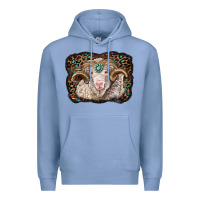 Colony Blue merino ram with leopard background Premium Hoodie - BarkalooDesign