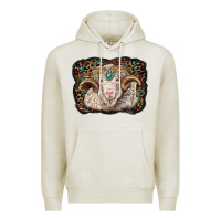 Oatmeal Heather merino ram with leopard background Premium Hoodie - BarkalooDesign