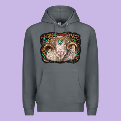 Merino Ram With Leopard Background Premium Hoodie Designed By Barkaloodesign