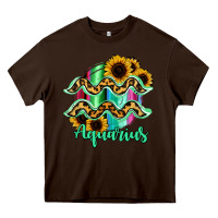 Chocolate Brown Aquarius Zodiac Sign Sunflower Leopard Serape Heavy Core Tee - RanaPortraitStore