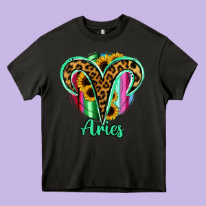 Aries Zodiac Sign Sunflower Leopard Serape Heavy Core Tee Designed By Ranaportraitstore