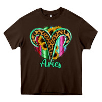 Chocolate Brown Aries Zodiac Sign Sunflower Leopard Serape Heavy Core Tee - RanaPortraitStore