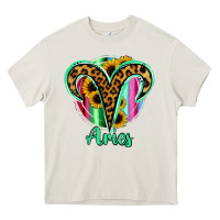 Cream Aries Zodiac Sign Sunflower Leopard Serape Heavy Core Tee - RanaPortraitStore