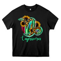 Black Capricorn Zodiac Sign Sunflower Leopard Serape Heavy Core Tee - RanaPortraitStore