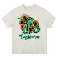 Cream Capricorn Zodiac Sign Sunflower Leopard Serape Heavy Core Tee - RanaPortraitStore
