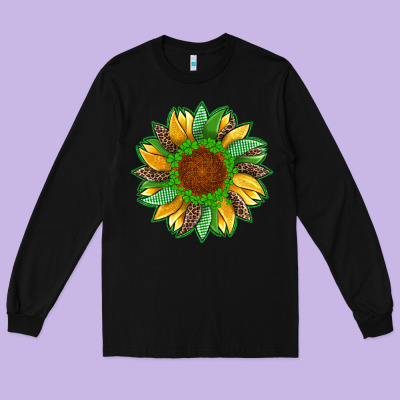 St Patricks Sunflower With Leopard  Shamrock And Glitter Long Sleeve Tee Designed By Artiststas