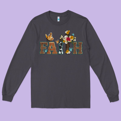 Faith Cross And Butterfly With Sunflower Leopard And Roses Long Sleeve Tee Designed By Artiststas