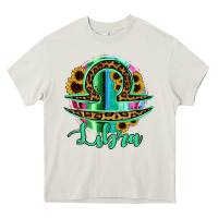 Cream Libra Zodiac Sign Sunflower Leopard Serape Heavy Core Tee - RanaPortraitStore