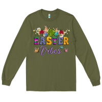 Army Green easter vibes and butterfly with bunny and flowers Long Sleeve Tee - Artiststas