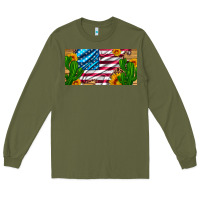 Army Green usa flag and cactus and sunflowers with leopard and wood license  plat Long Sleeve Tee - Artiststas