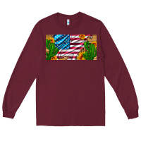 Burgundy usa flag and cactus and sunflowers with leopard and wood license  plat Long Sleeve Tee - Artiststas