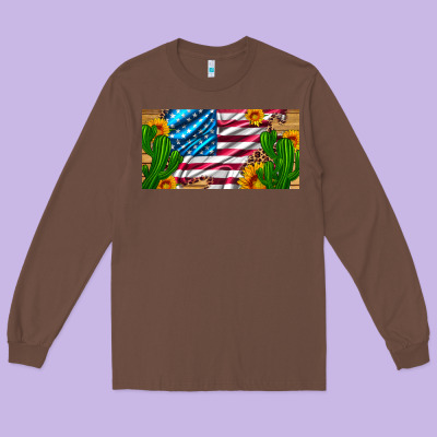 Usa Flag And Cactus And Sunflowers With Leopard And Wood License  Plat Long Sleeve Tee Designed By Artiststas