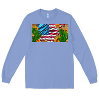Colony Blue usa flag and cactus and sunflowers with leopard and wood license  plat Long Sleeve Tee - Artiststas