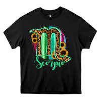 Black Scorpio Zodiac Sign Sunflower Leopard Serape Heavy Core Tee - RanaPortraitStore