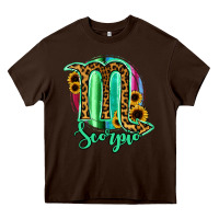 Chocolate Brown Scorpio Zodiac Sign Sunflower Leopard Serape Heavy Core Tee - RanaPortraitStore