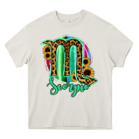 Cream Scorpio Zodiac Sign Sunflower Leopard Serape Heavy Core Tee - RanaPortraitStore