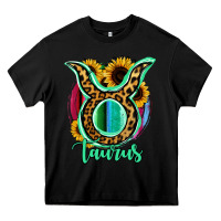 Black Taurus Zodiac Sign Sunflower Leopard Serape Heavy Core Tee - RanaPortraitStore