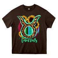 Chocolate Brown Taurus Zodiac Sign Sunflower Leopard Serape Heavy Core Tee - RanaPortraitStore