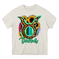 Cream Taurus Zodiac Sign Sunflower Leopard Serape Heavy Core Tee - RanaPortraitStore